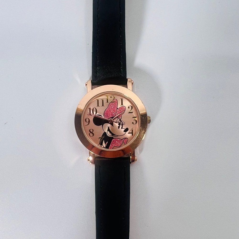 Disney Minnie Mouse Analog Watch Rose Gold / Pink Glitter / Black Band Adjustabl